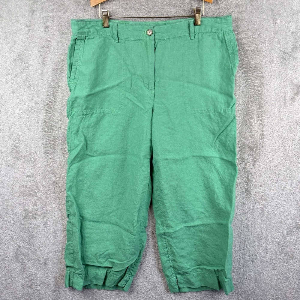 J. Jill Pants Womens L Green Linen Wide Leg Beachy Lagenlook Pull On‎ Ankle Crop